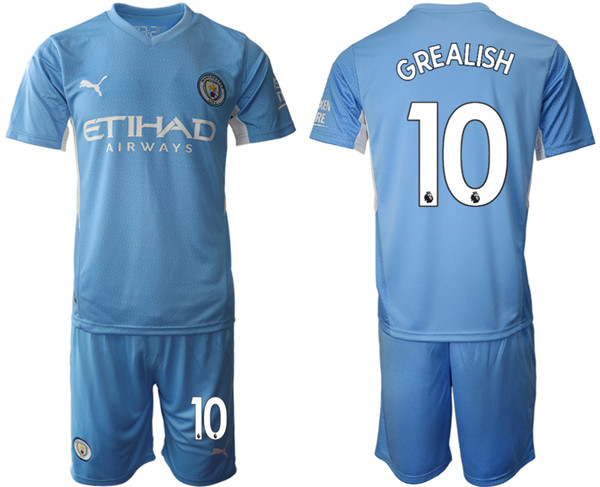 Men's Manchester City #10 Jack Grealish 2021/22 Blue Home Soccer Jersey Suit